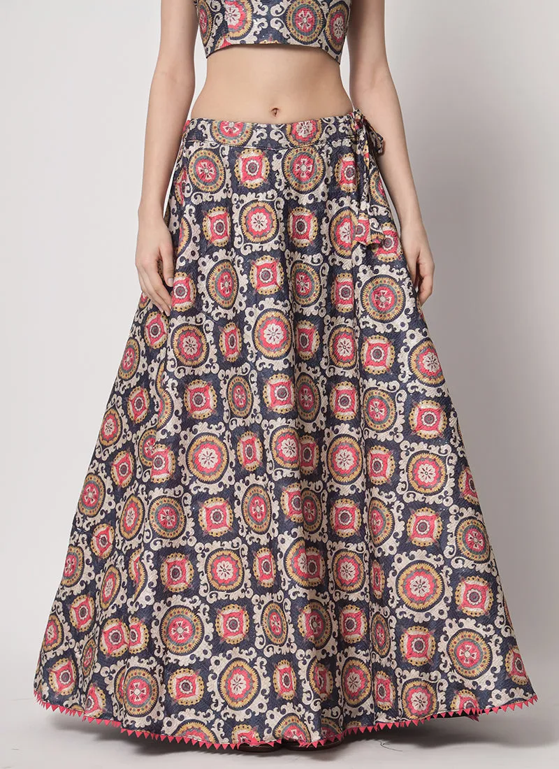 Blue Multi Sequence Embroidery Digital Printed Lehenga Choli