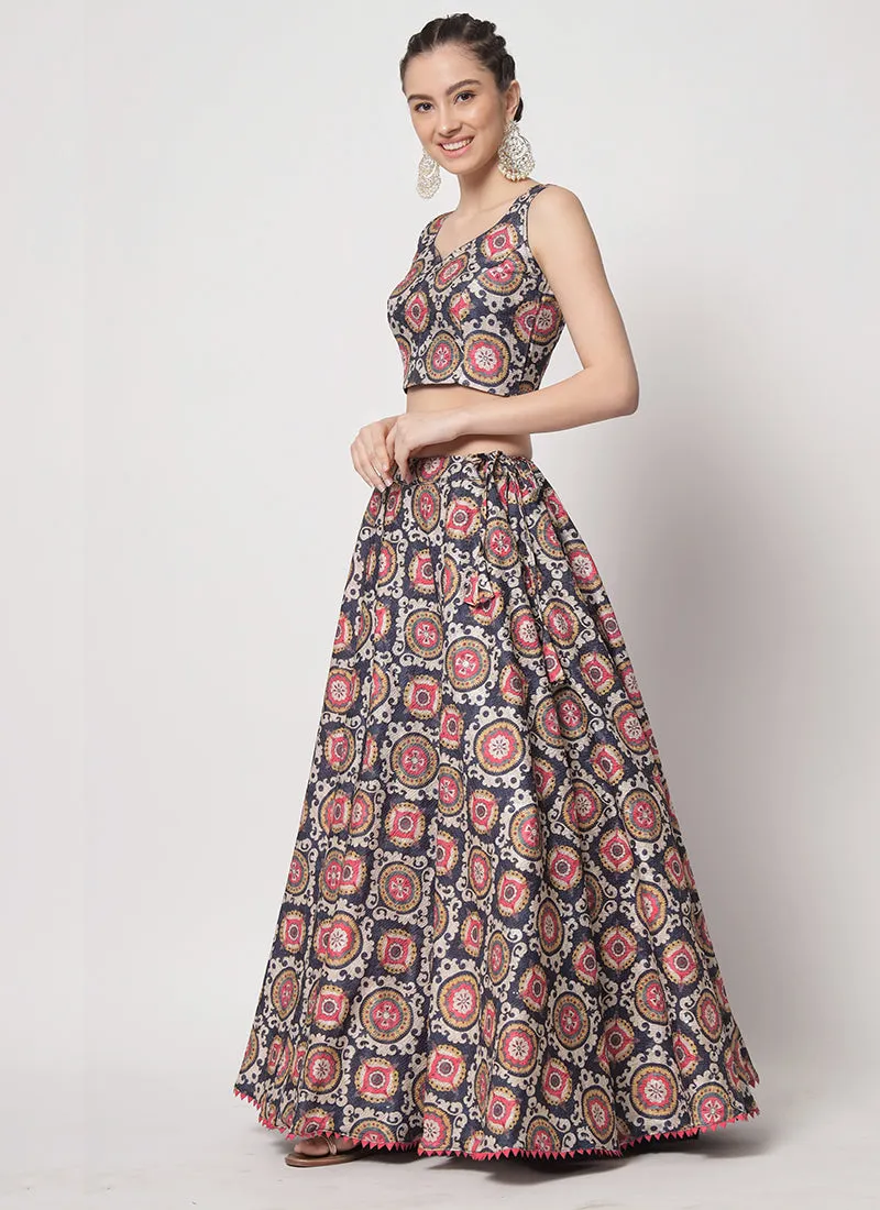 Blue Multi Sequence Embroidery Digital Printed Lehenga Choli