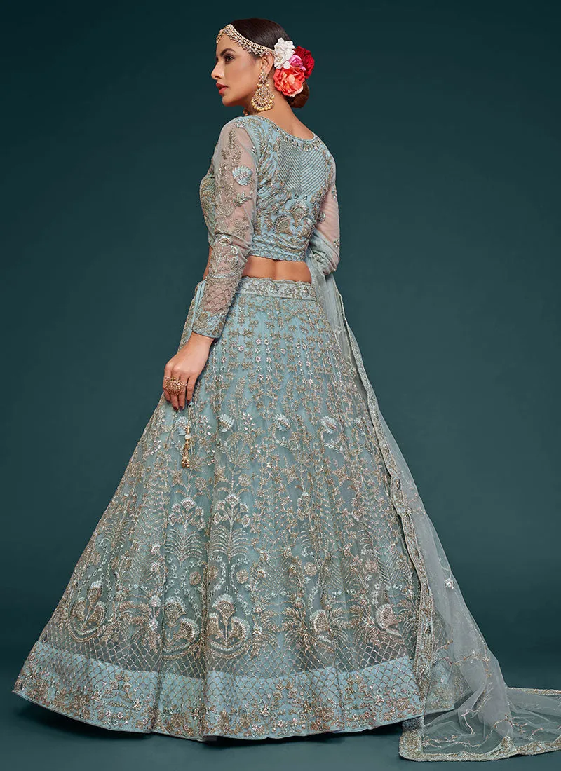 Blue Resham Thread Embroidery Lehenga Choli And Dupatta