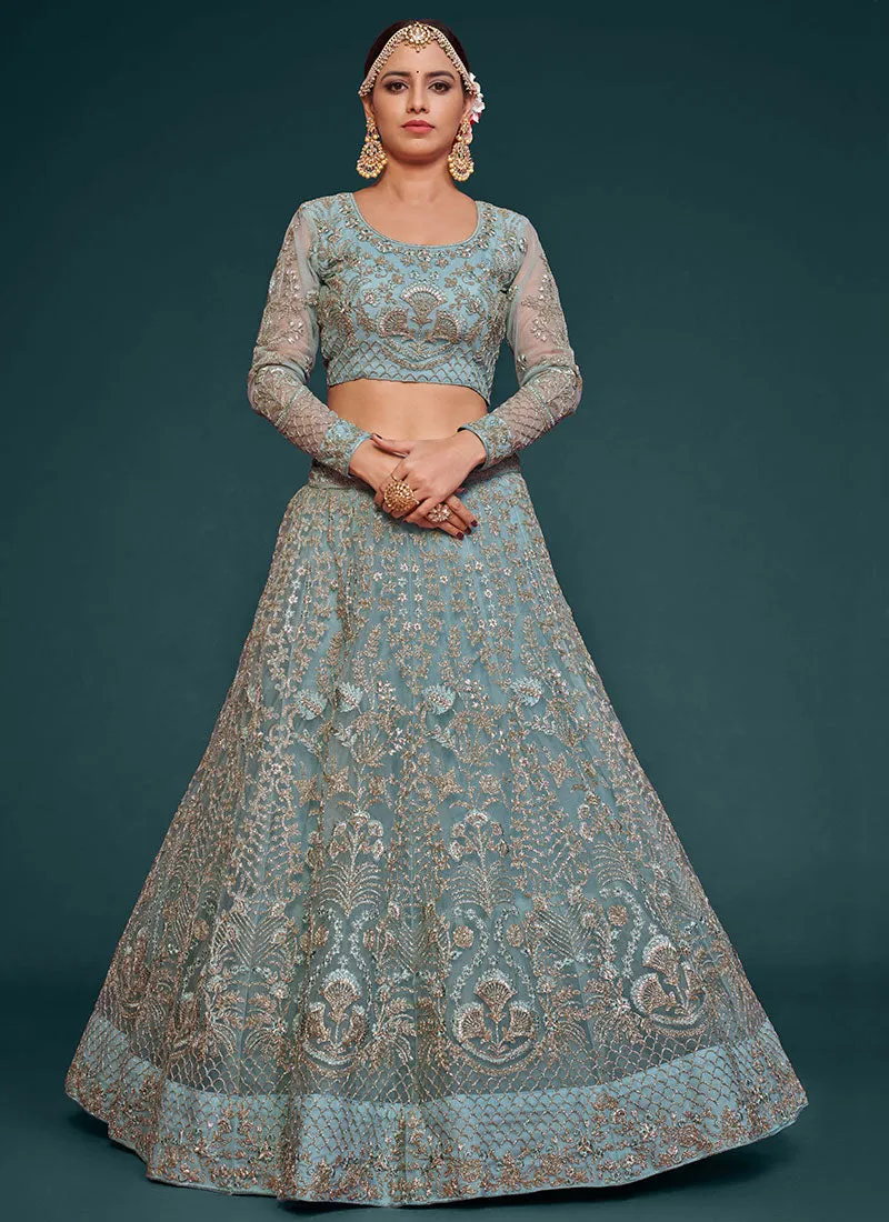 Blue Resham Thread Embroidery Lehenga Choli And Dupatta