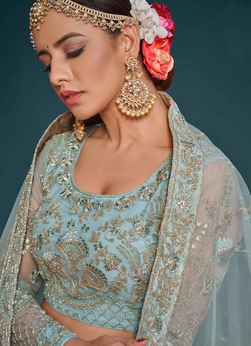 Blue Resham Thread Embroidery Lehenga Choli And Dupatta