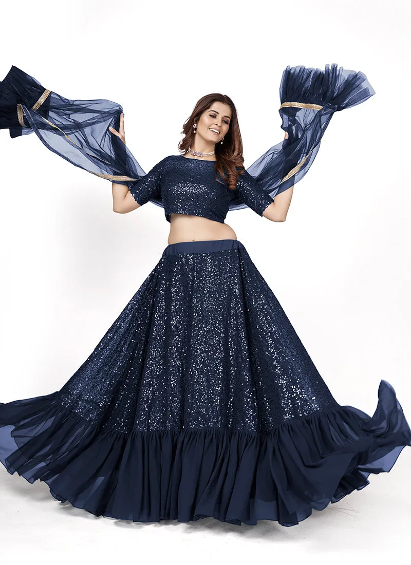 Blue Sequence Embroidery Wedding Lehenga Choli
