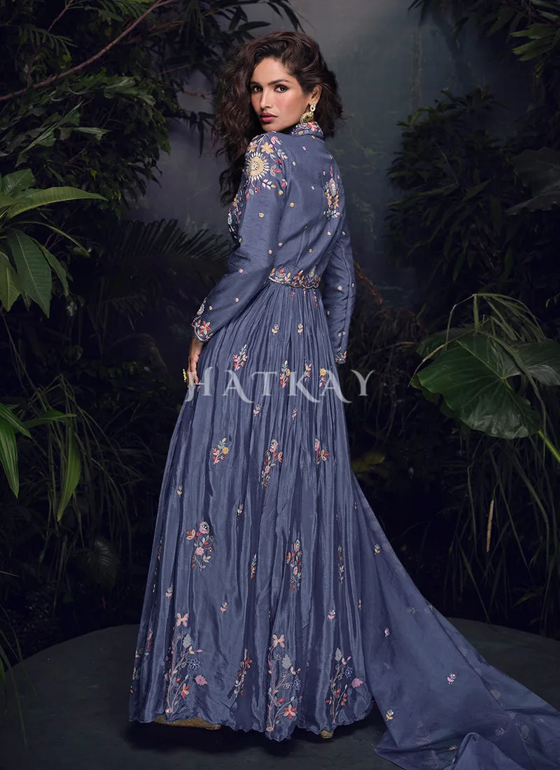 Bluish Purple Handwork Designer Gown