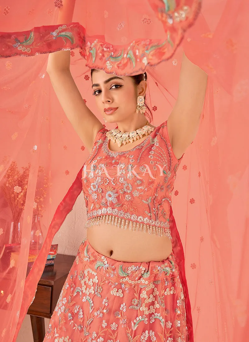 Blush Peach Floral Embroidered Lehenga Choli