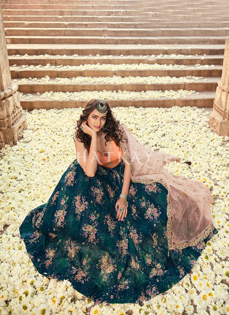Bottle Green Floral Sequence Embroidered Lehenga Choli