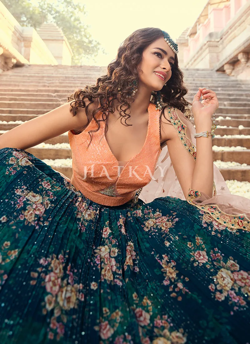 Bottle Green Floral Sequence Embroidered Lehenga Choli
