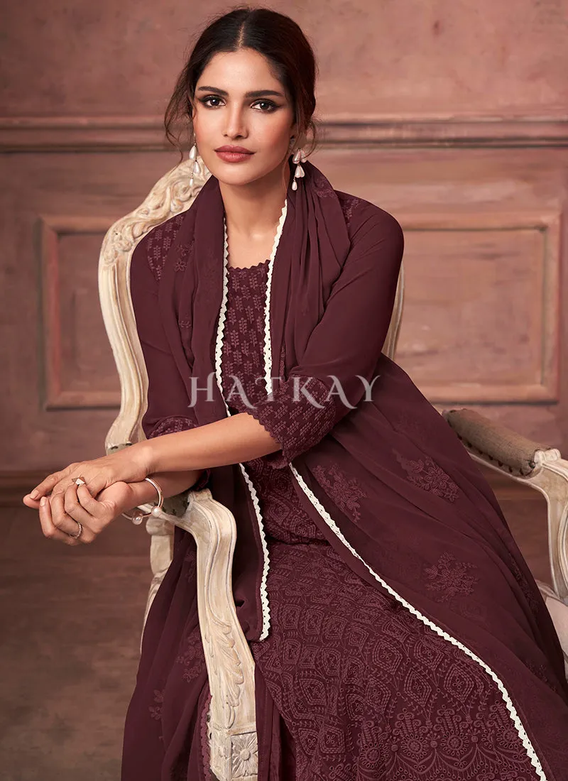 Brown And Off White Designer Embroidery Palazzo Suit