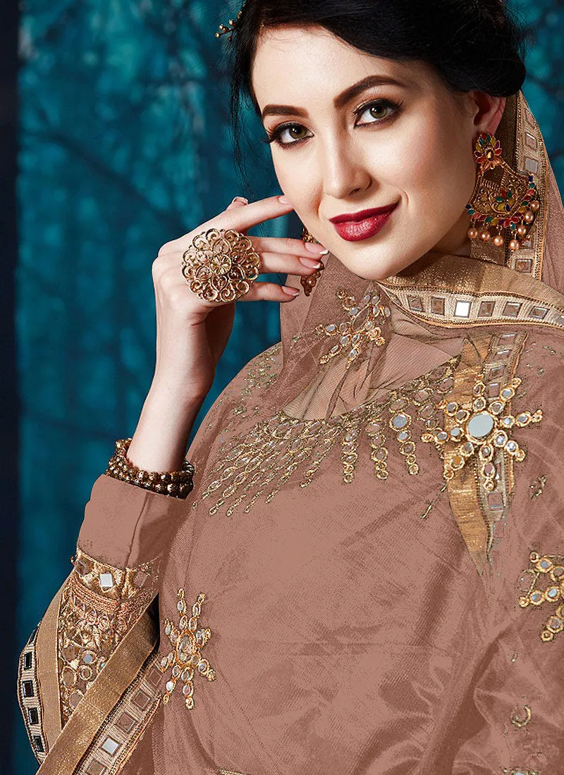 Brown Mirror Embroidered Designer Anarkali Suit