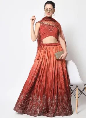 Burnt Orange Ombré Sequence Embroidery Silk Lehenga Choli
