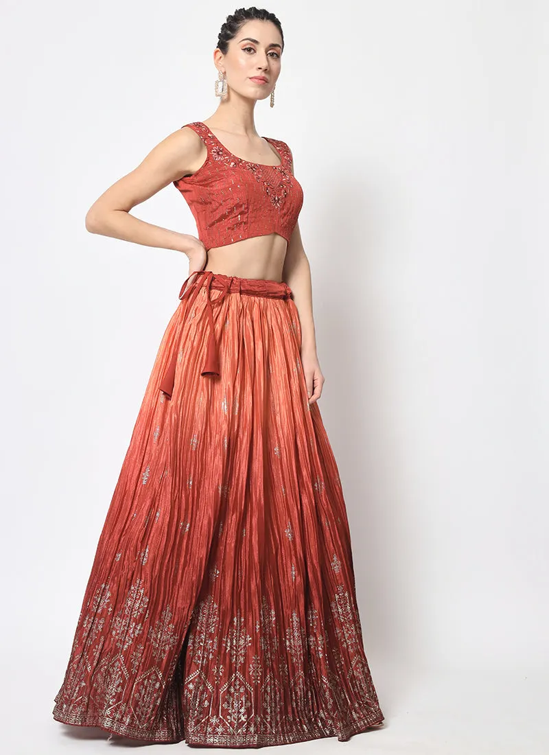 Burnt Orange Ombré Sequence Embroidery Silk Lehenga Choli