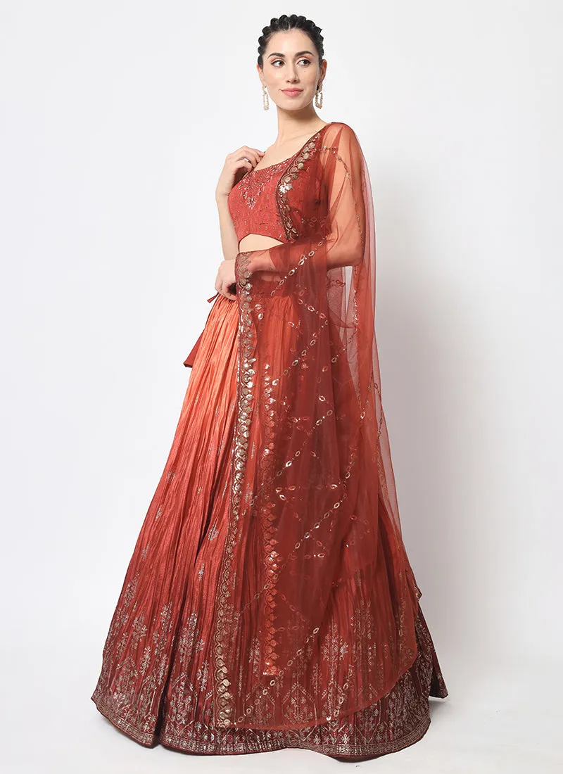 Burnt Orange Ombré Sequence Embroidery Silk Lehenga Choli
