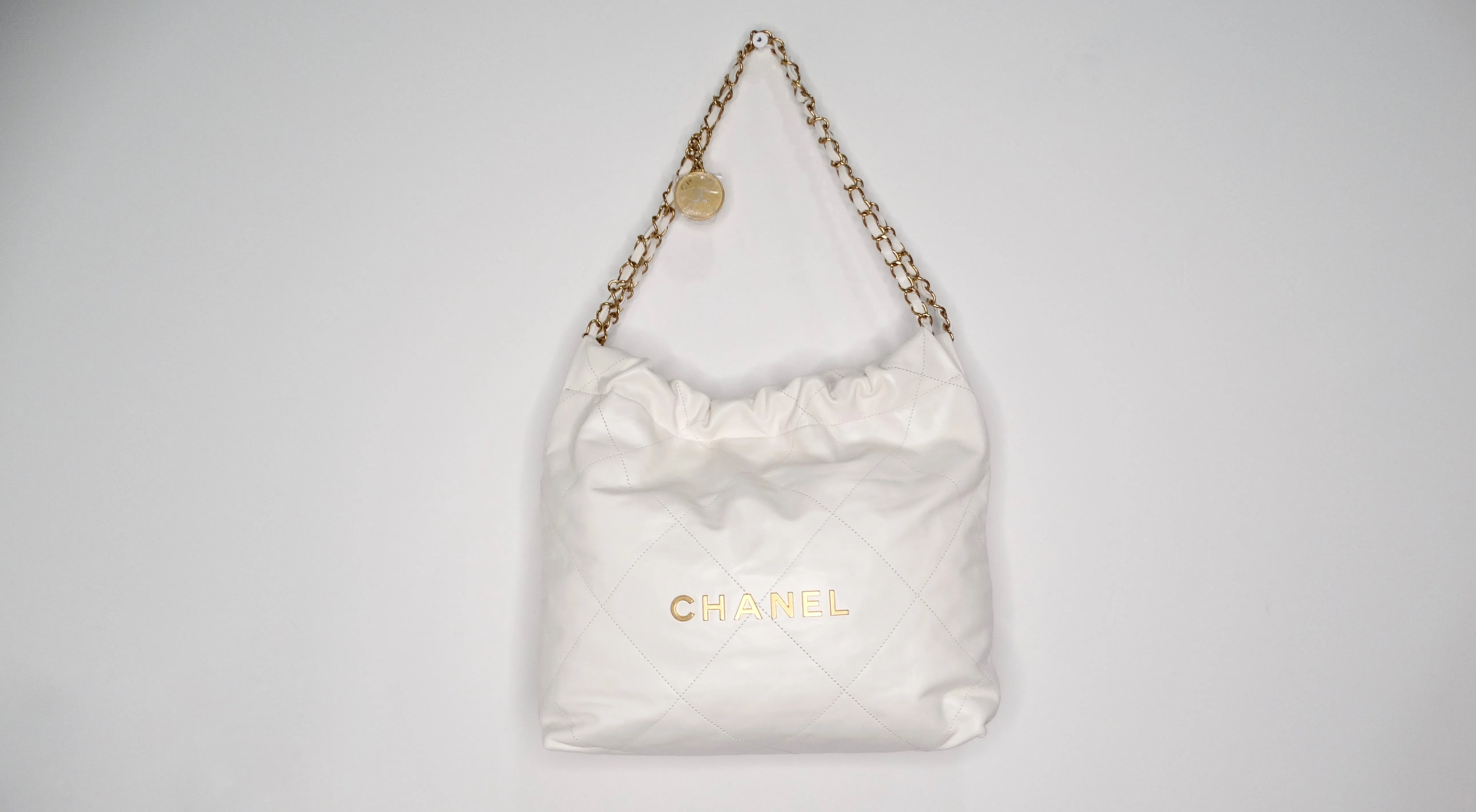 Chanel White Small 22 Shiny Calfskin Leather Hobo Bag