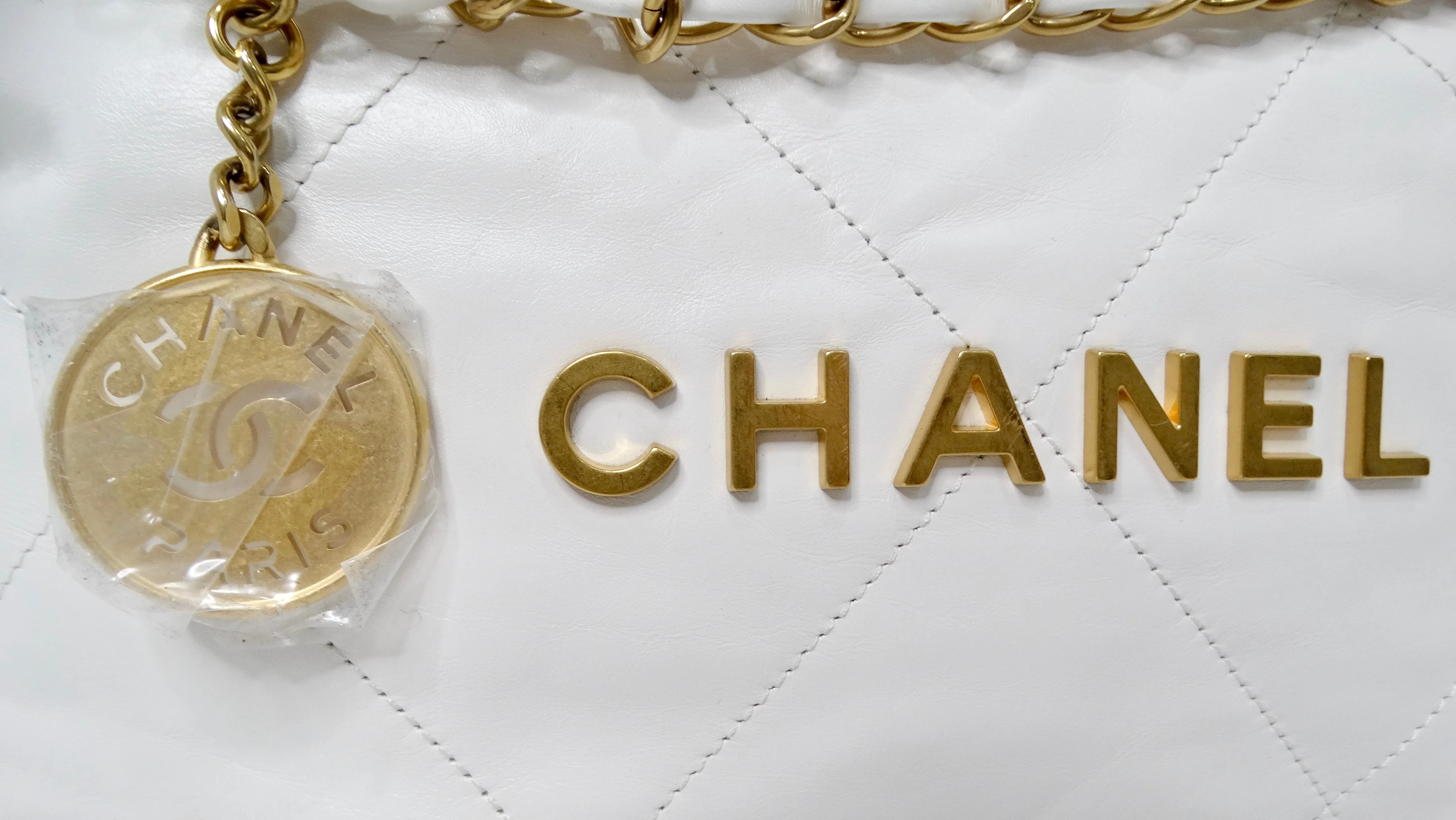 Chanel White Small 22 Shiny Calfskin Leather Hobo Bag