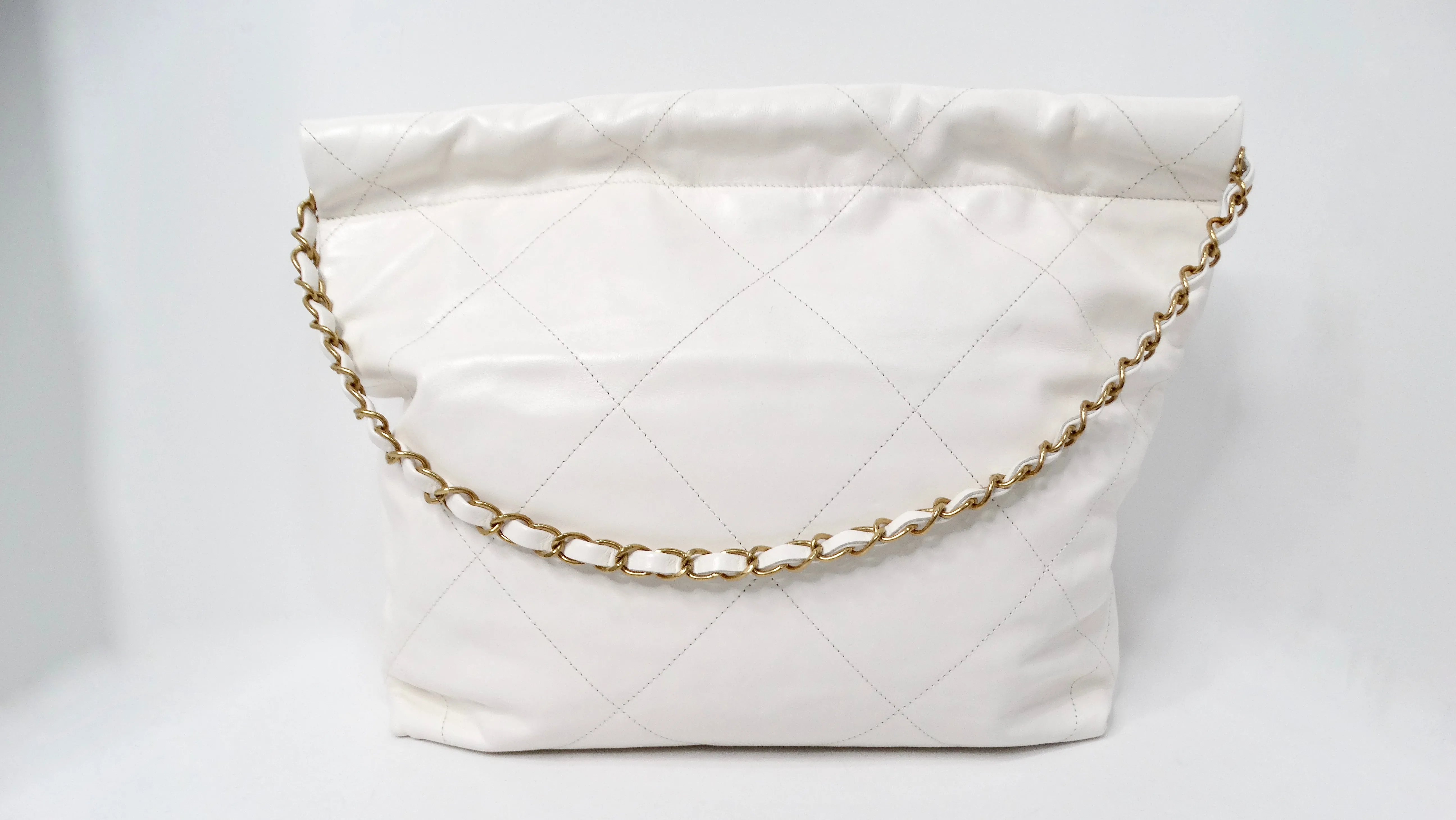 Chanel White Small 22 Shiny Calfskin Leather Hobo Bag