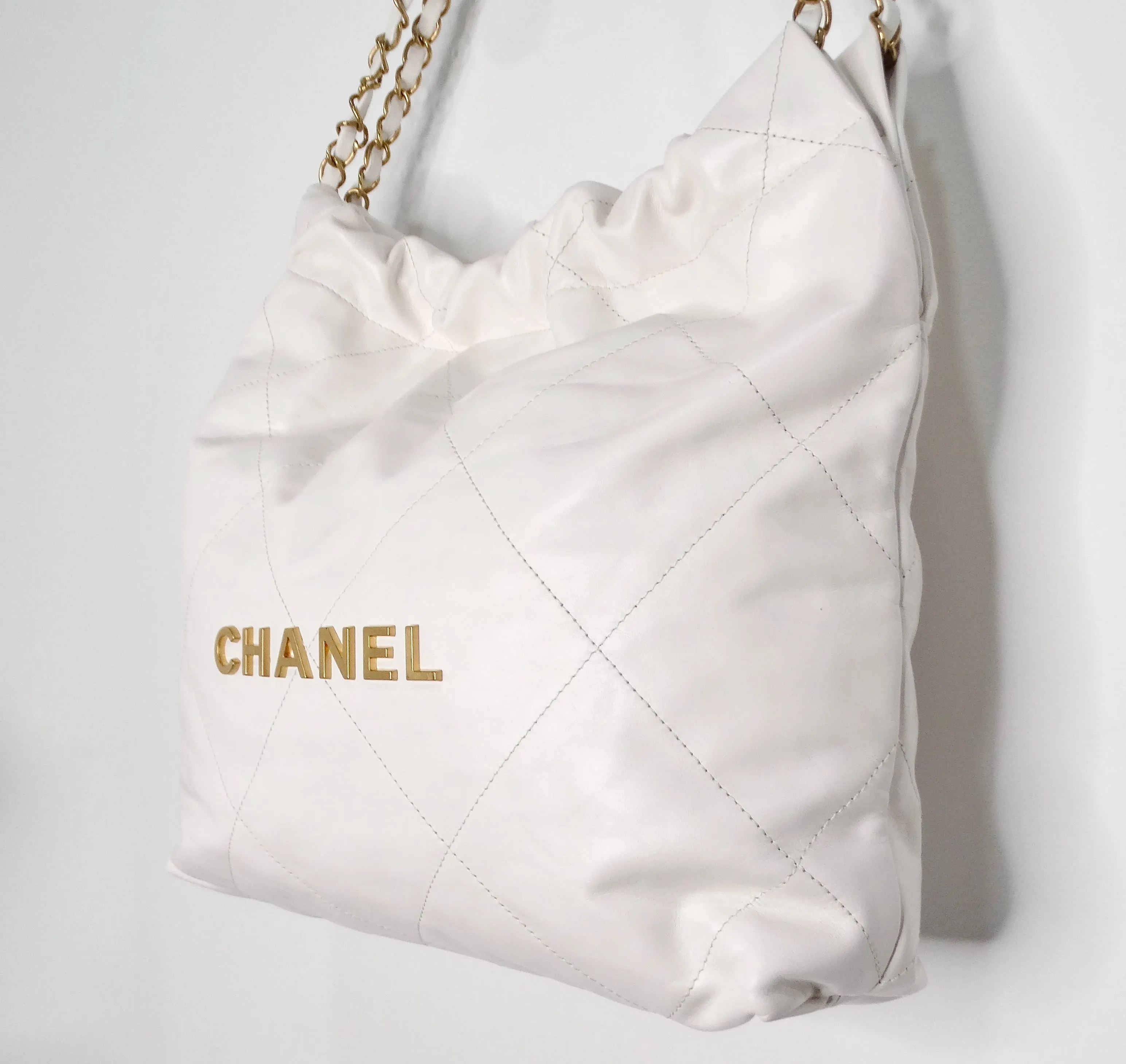 Chanel White Small 22 Shiny Calfskin Leather Hobo Bag