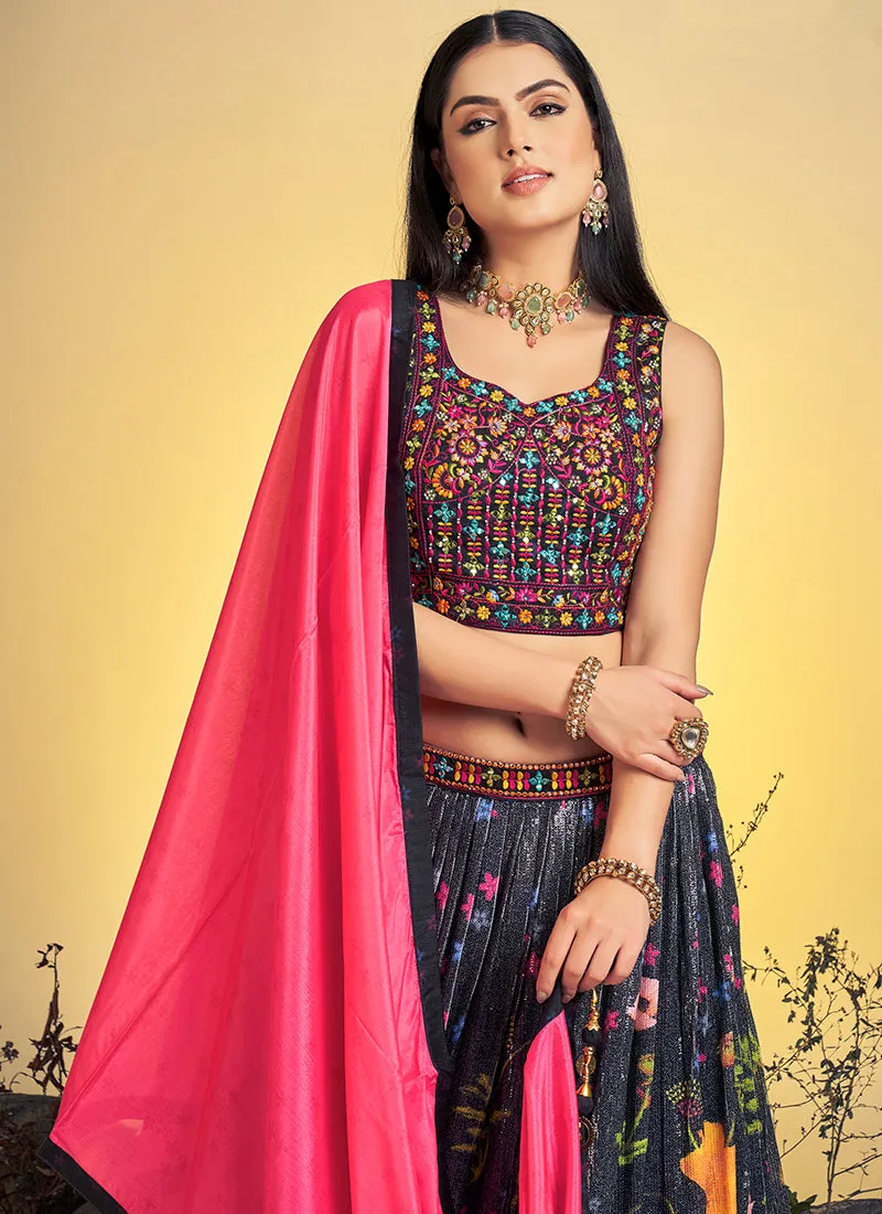 Charcoal Black Multi Floral Embroidery Lehenga Choli