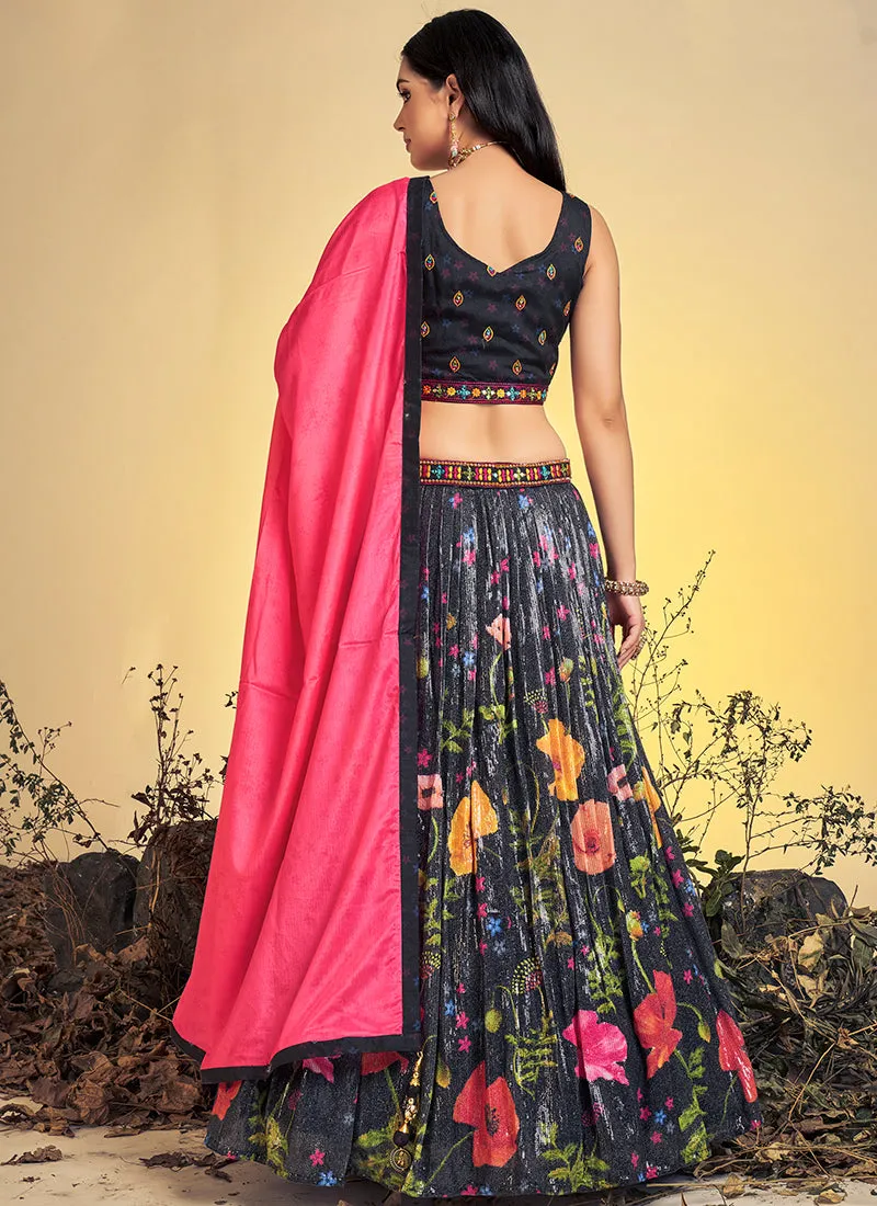 Charcoal Black Multi Floral Embroidery Lehenga Choli
