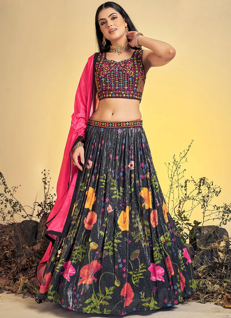 Charcoal Black Multi Floral Embroidery Lehenga Choli