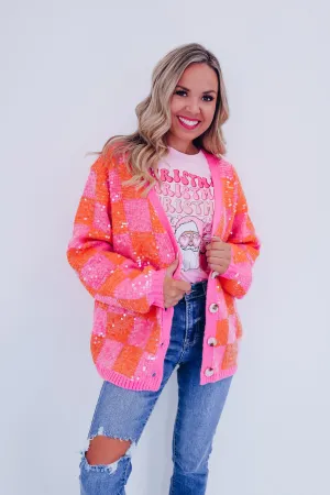 Cheery Checkered N Sequin Cardigan - Orange/Pink