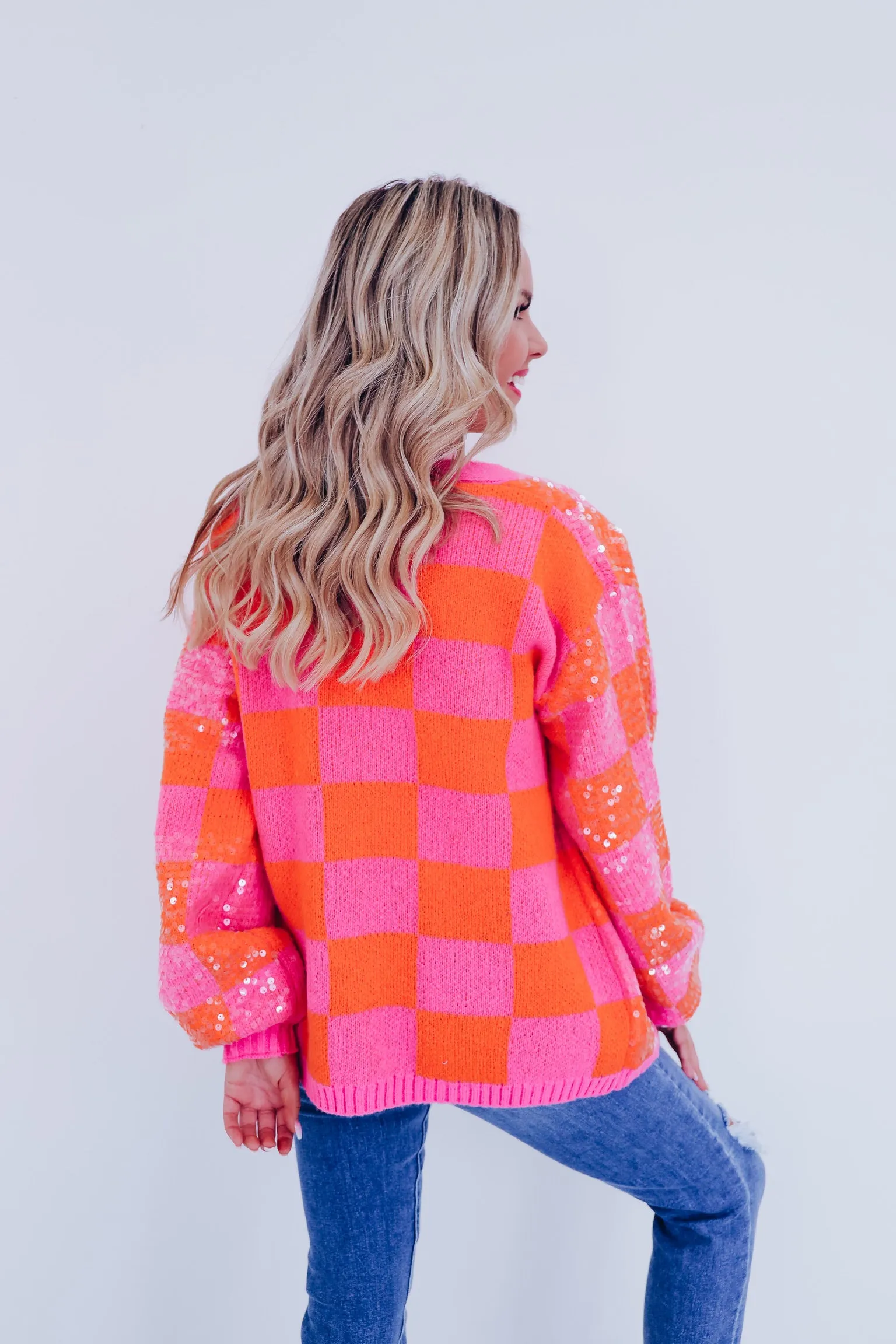 Cheery Checkered N Sequin Cardigan - Orange/Pink