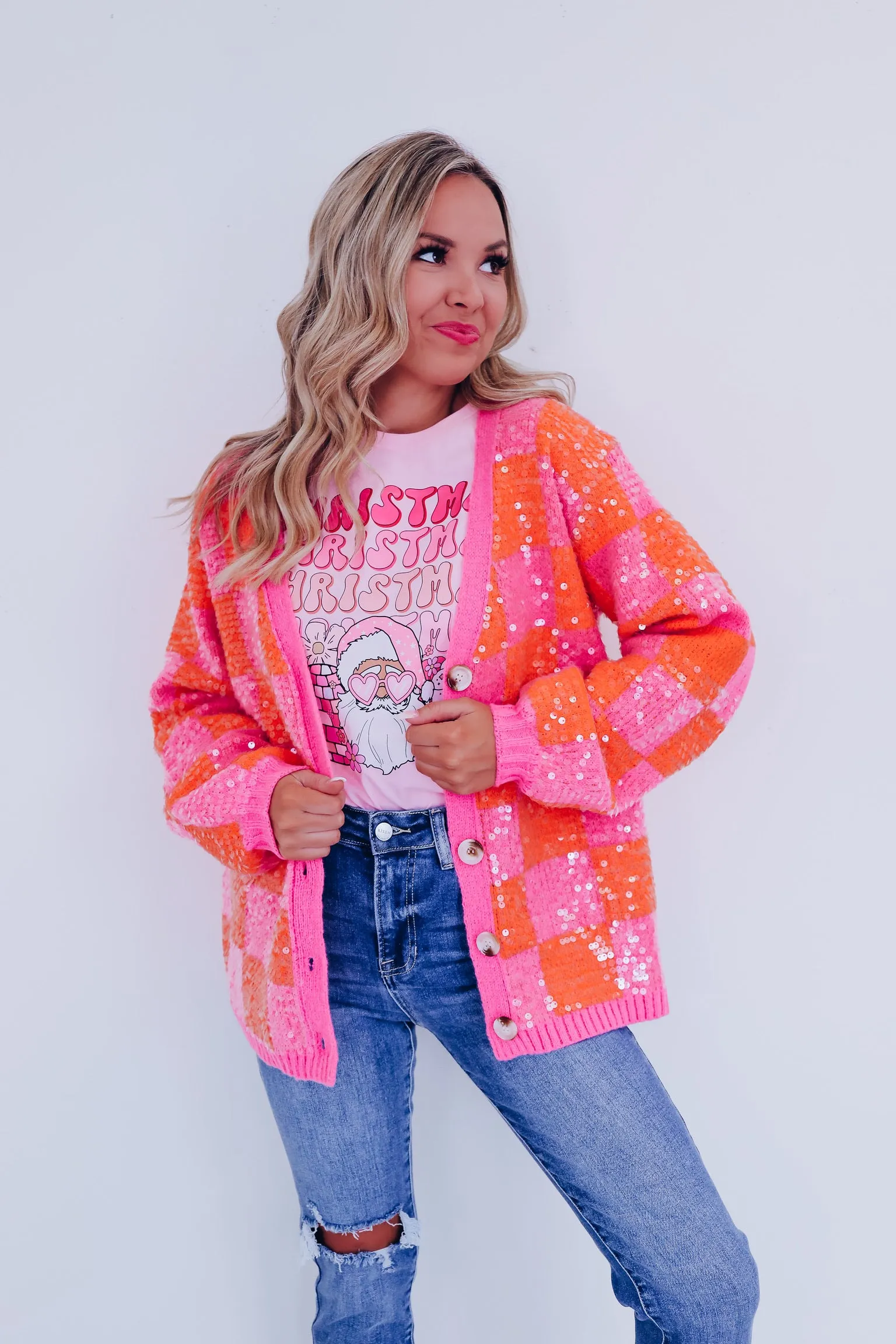 Cheery Checkered N Sequin Cardigan - Orange/Pink