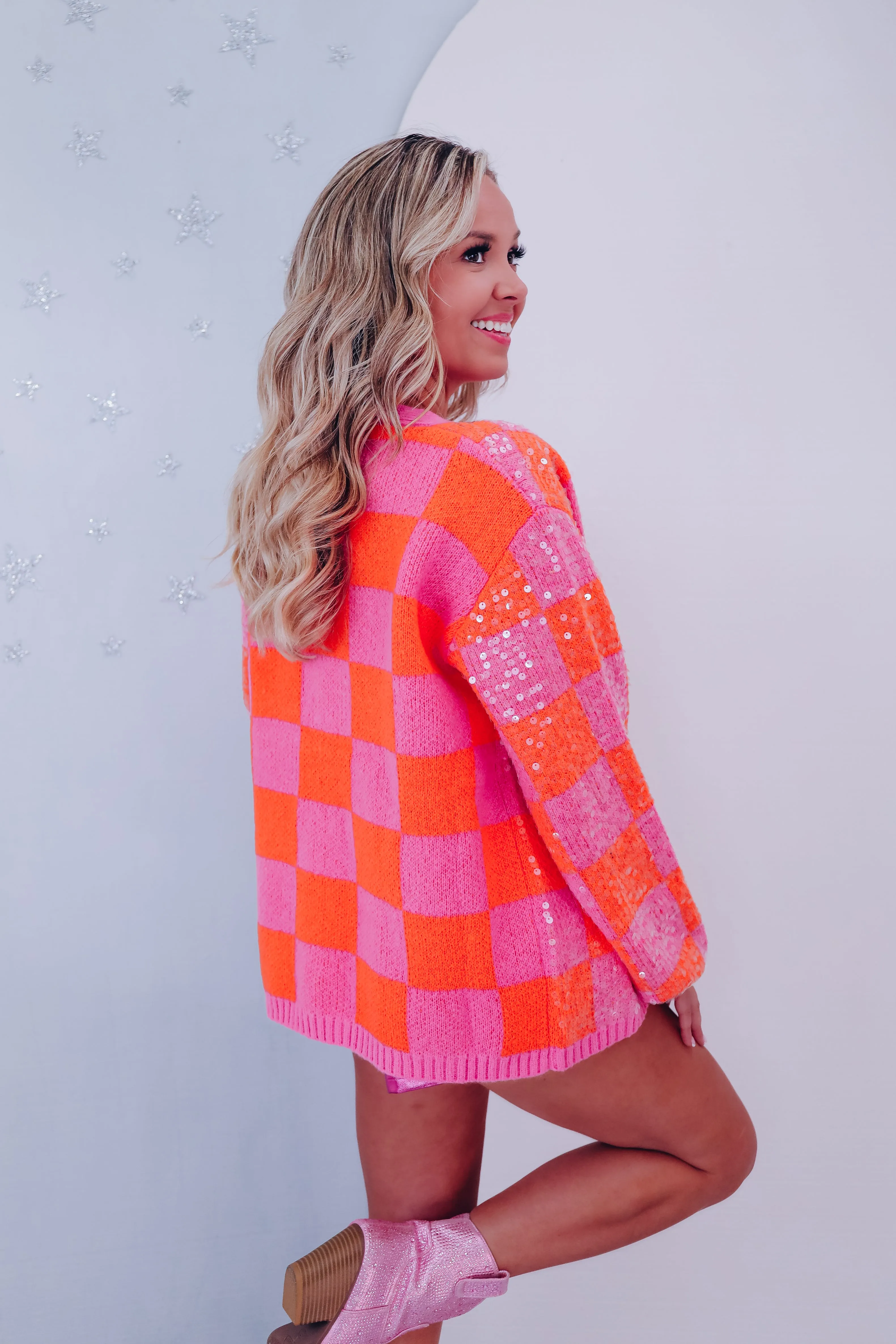 Cheery Checkered N Sequin Cardigan - Orange/Pink