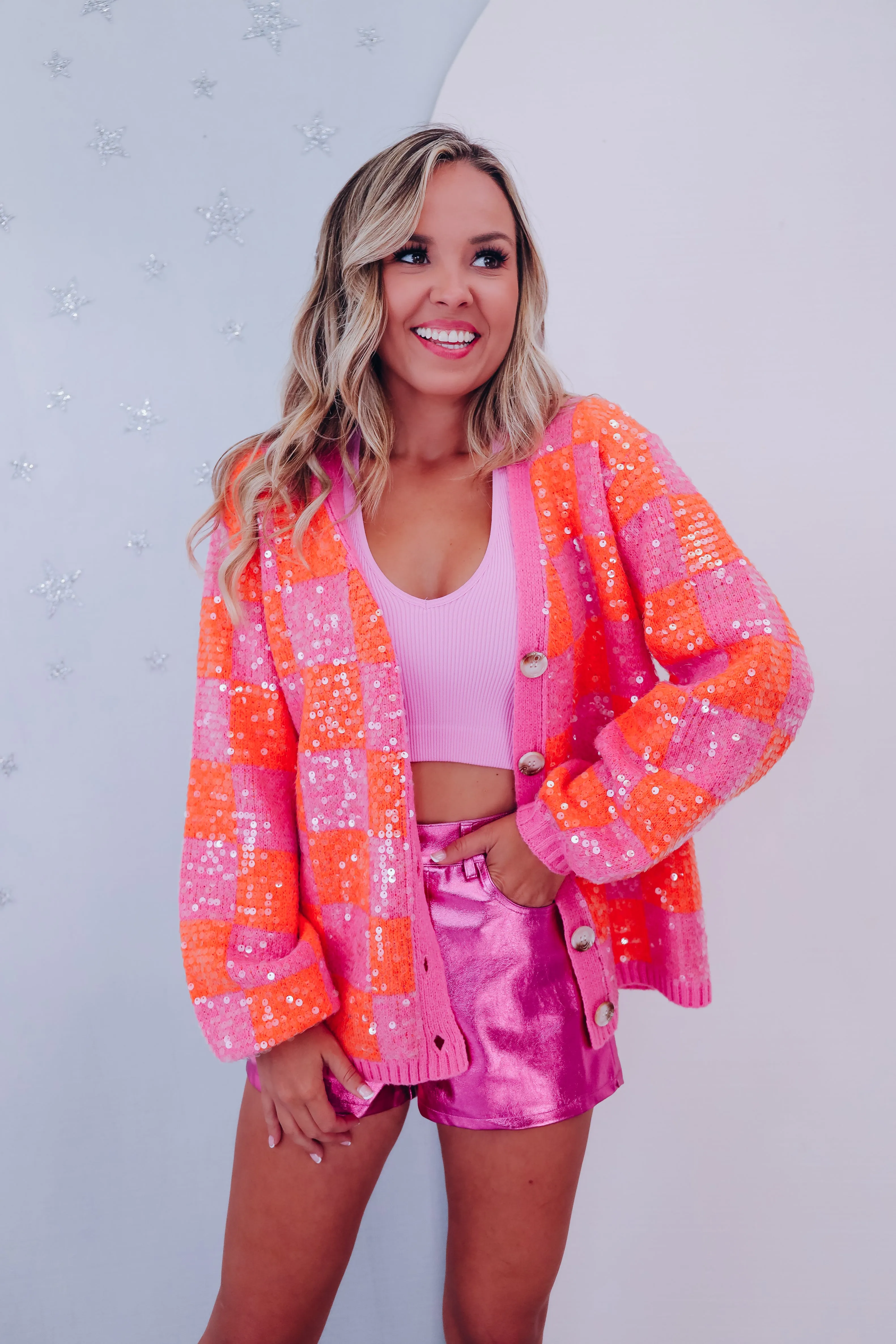 Cheery Checkered N Sequin Cardigan - Orange/Pink