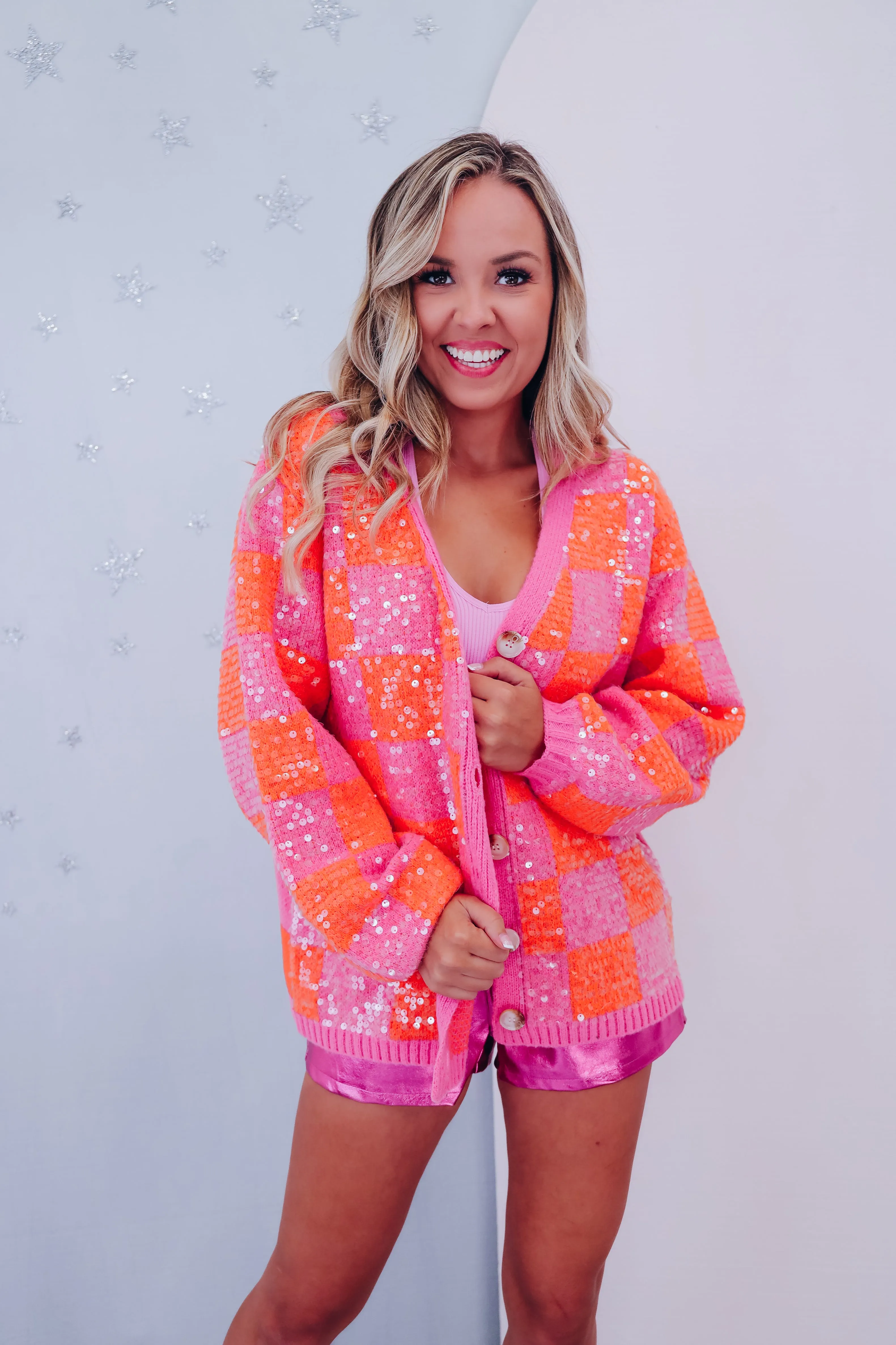 Cheery Checkered N Sequin Cardigan - Orange/Pink