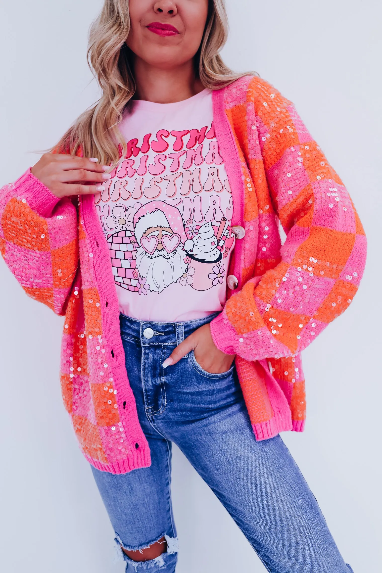 Cheery Checkered N Sequin Cardigan - Orange/Pink