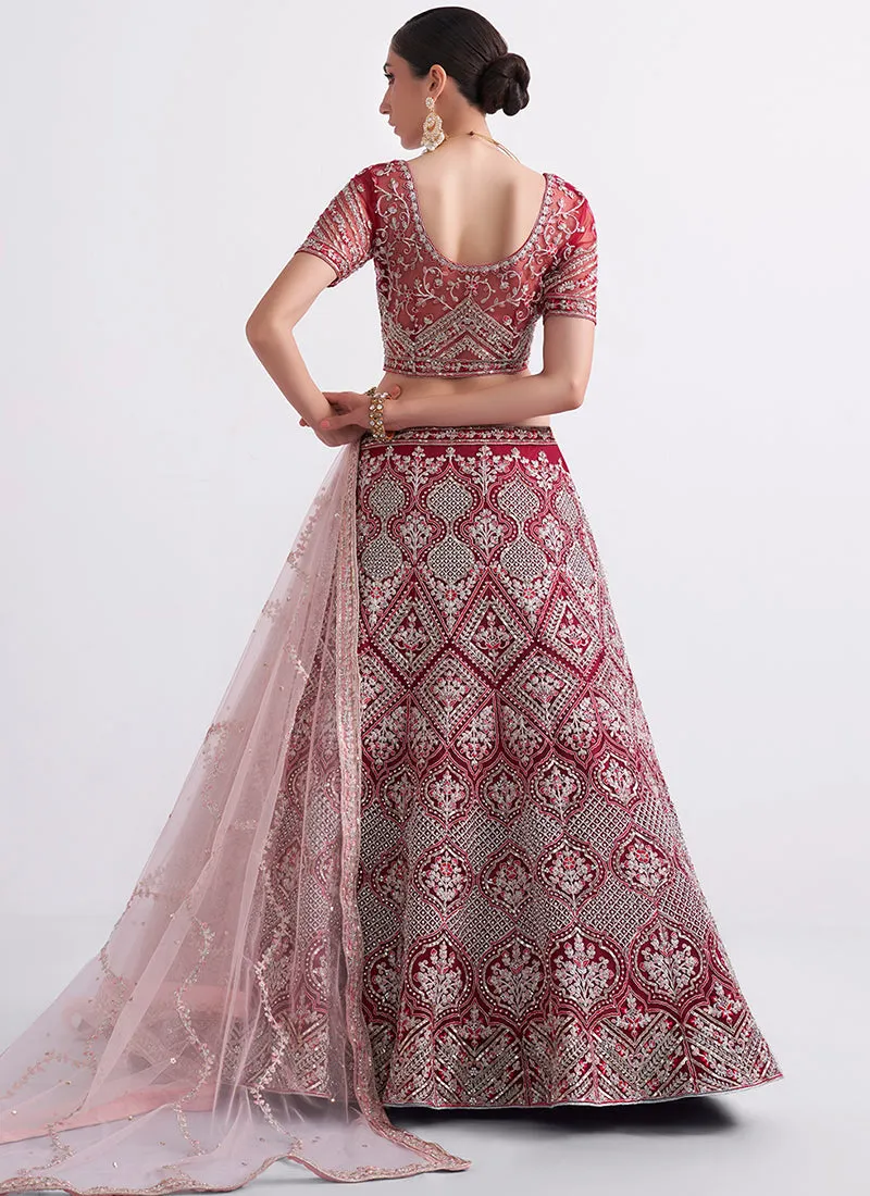 Cherry Red Ombré Zarkan Embroidery Wedding Lehenga Choli