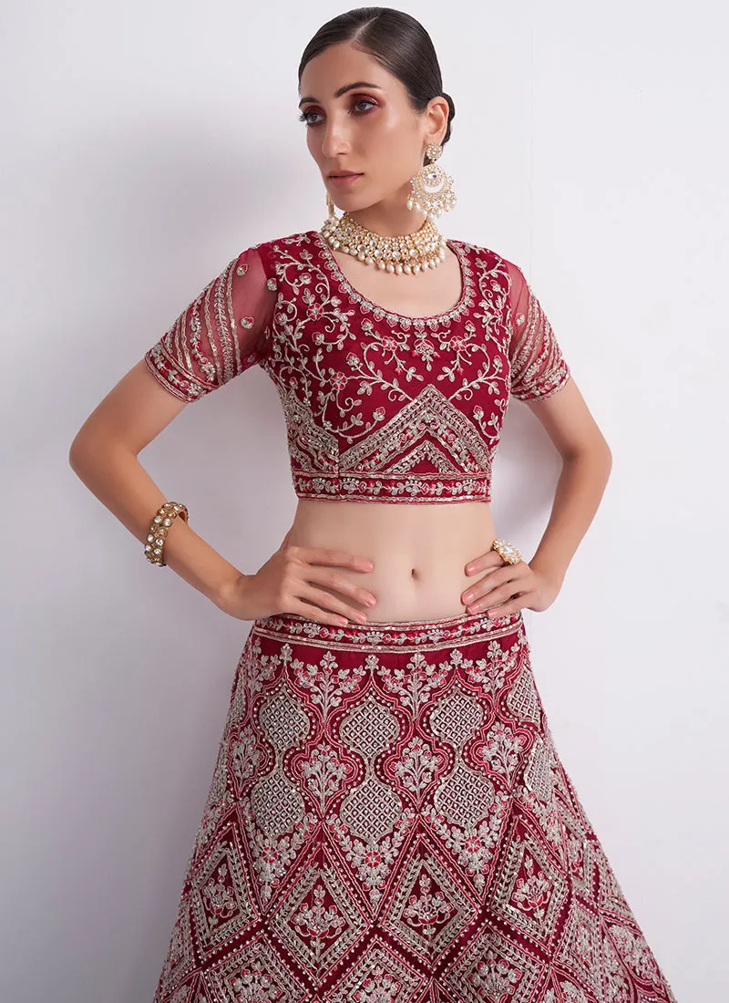 Cherry Red Ombré Zarkan Embroidery Wedding Lehenga Choli