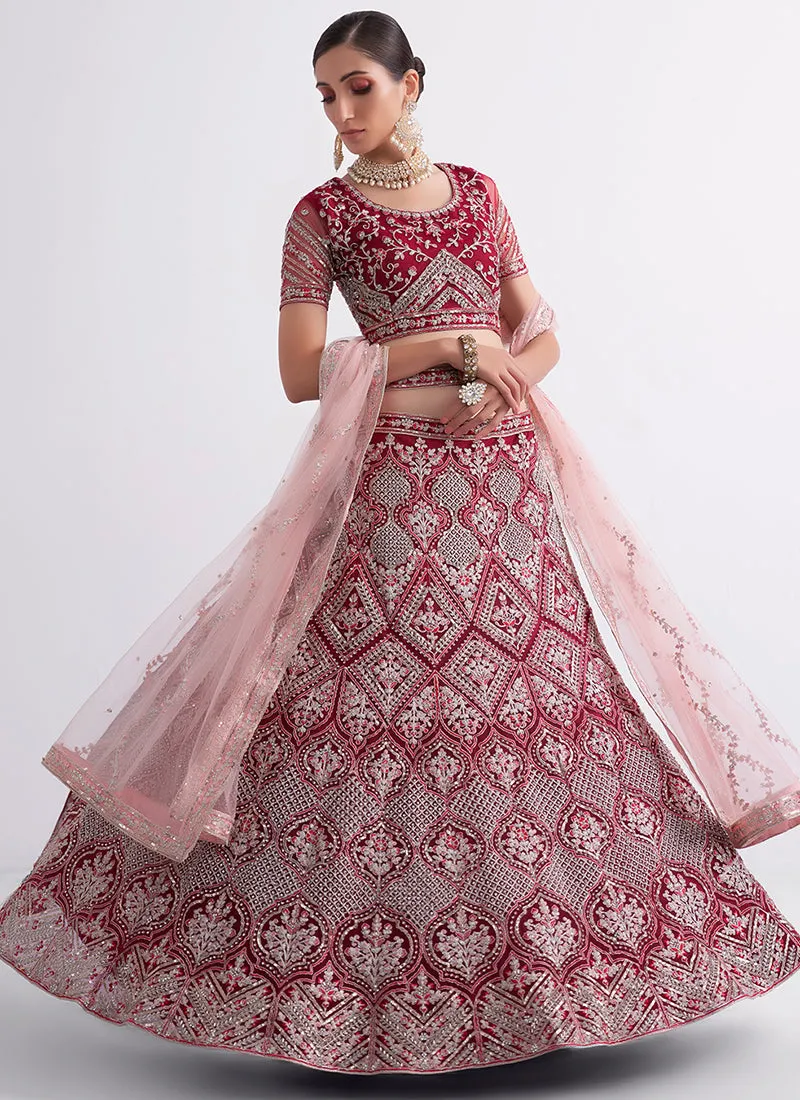 Cherry Red Ombré Zarkan Embroidery Wedding Lehenga Choli