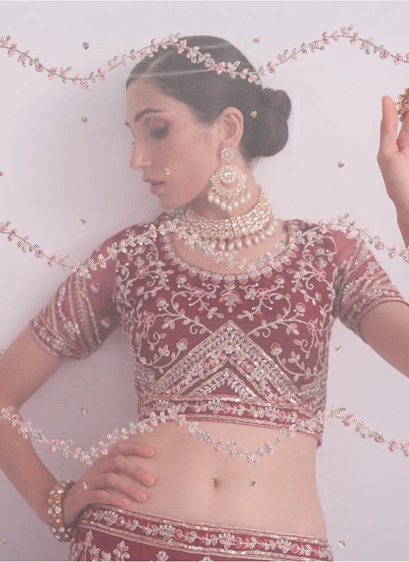 Cherry Red Ombré Zarkan Embroidery Wedding Lehenga Choli