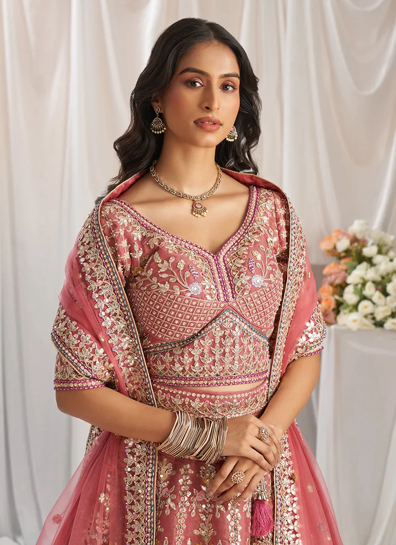 Coral Pink Multi Embroidery Bridal Lehenga Choli