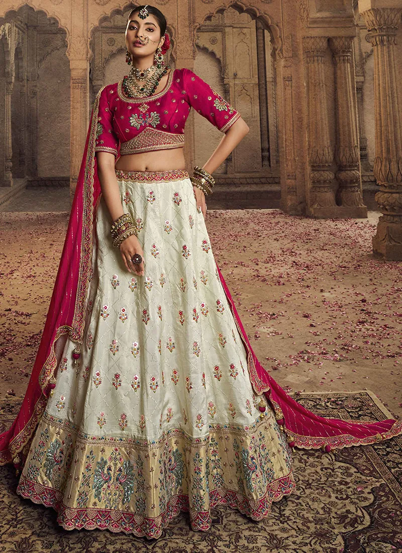 Cream Magenta Embroidery Viscose Lehenga Choli