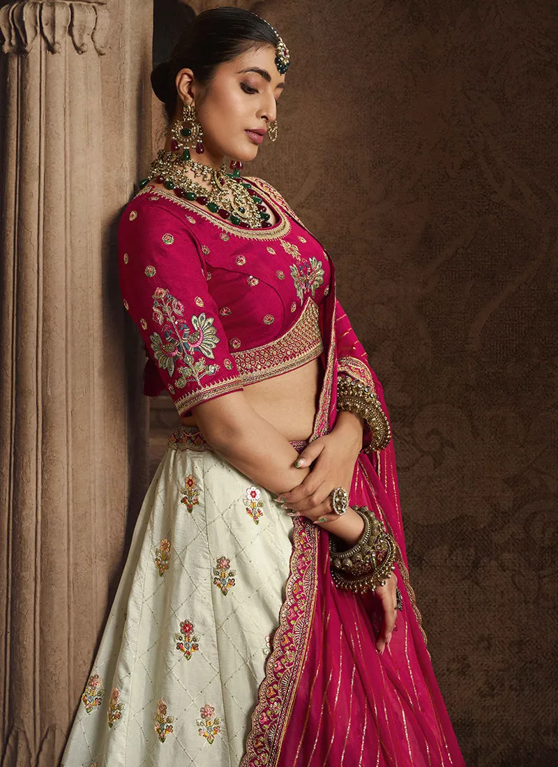 Cream Magenta Embroidery Viscose Lehenga Choli
