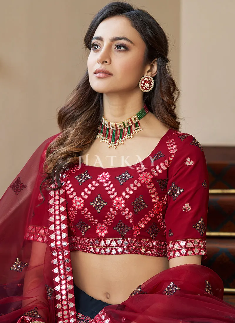 Dark Blue And Red Embroidered Wedding Lehenga Choli