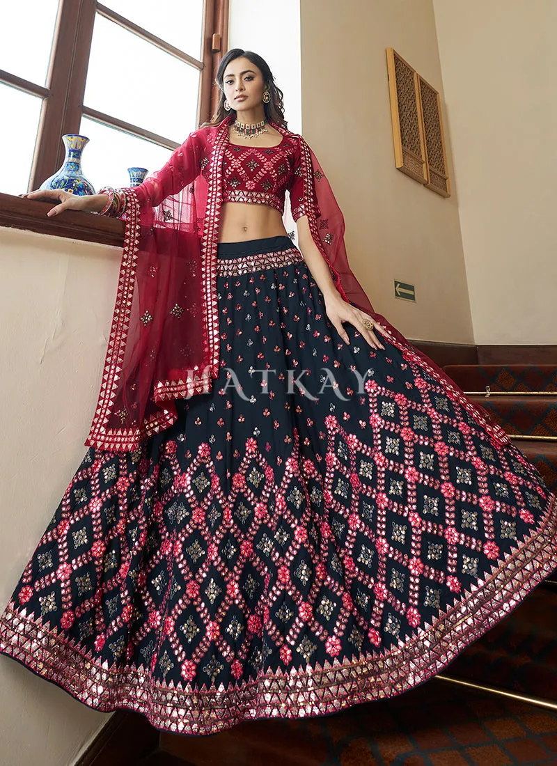 Dark Blue And Red Embroidered Wedding Lehenga Choli
