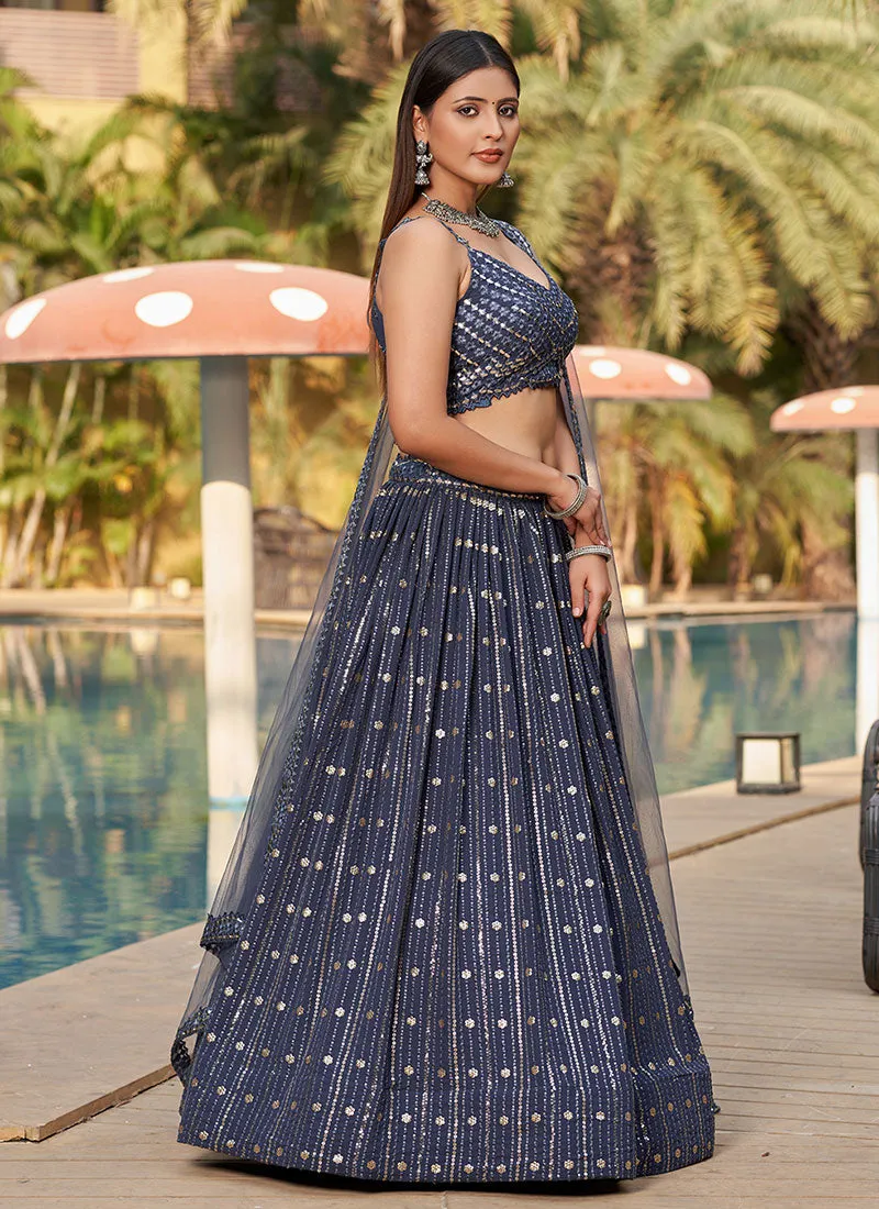 Dark Blue Sequence Embroidery Lehenga Choli And Dupatta