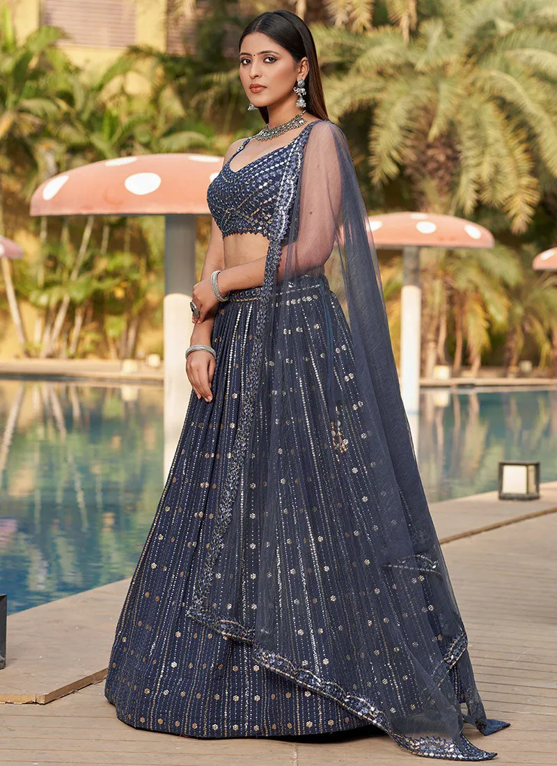 Dark Blue Sequence Embroidery Lehenga Choli And Dupatta
