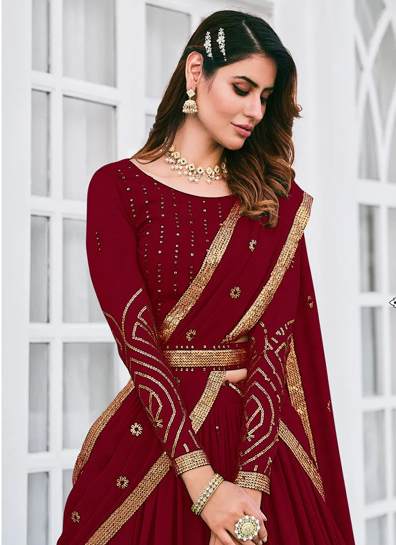 Deep Red Sequence Embroidery Georgette Lehenga Choli