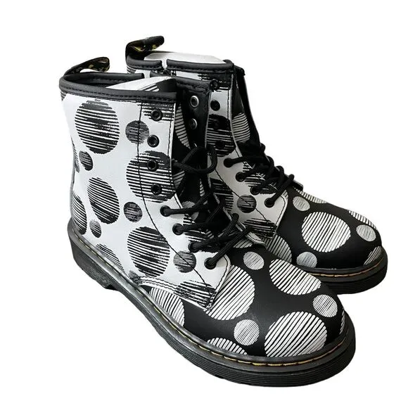Dr Martens Boots Kids Size US 4 EU 34 1460 J Black White Polka Dot K Hydro