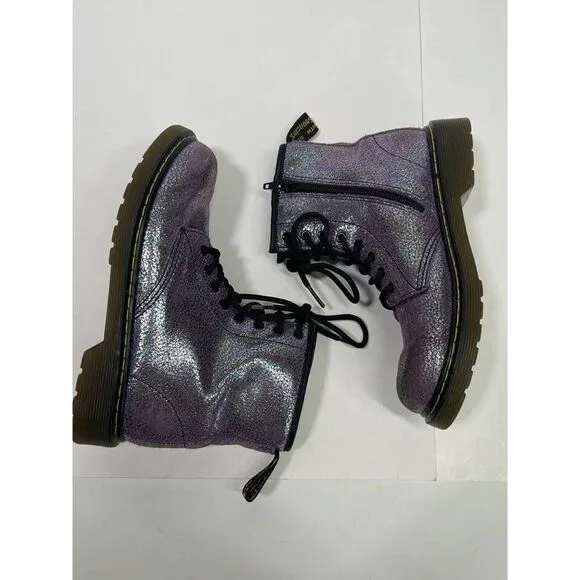 Dr. Martens Doc Delaney Holographic Combat Boots Big Girls Size 3 Purple Shimmer