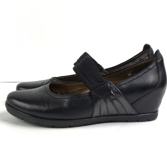 Earthies Zeeland Black Leather Slip-on Hidden Wedge Mary-Jane Comfort Sh…