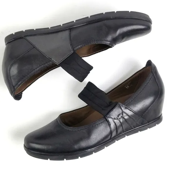 Earthies Zeeland Black Leather Slip-on Hidden Wedge Mary-Jane Comfort Sh…