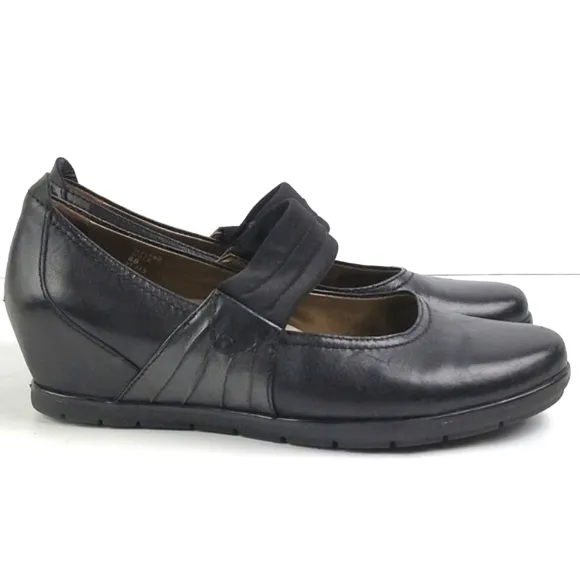 Earthies Zeeland Black Leather Slip-on Hidden Wedge Mary-Jane Comfort Sh…