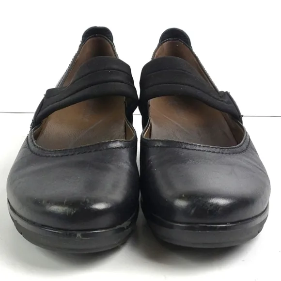 Earthies Zeeland Black Leather Slip-on Hidden Wedge Mary-Jane Comfort Sh…
