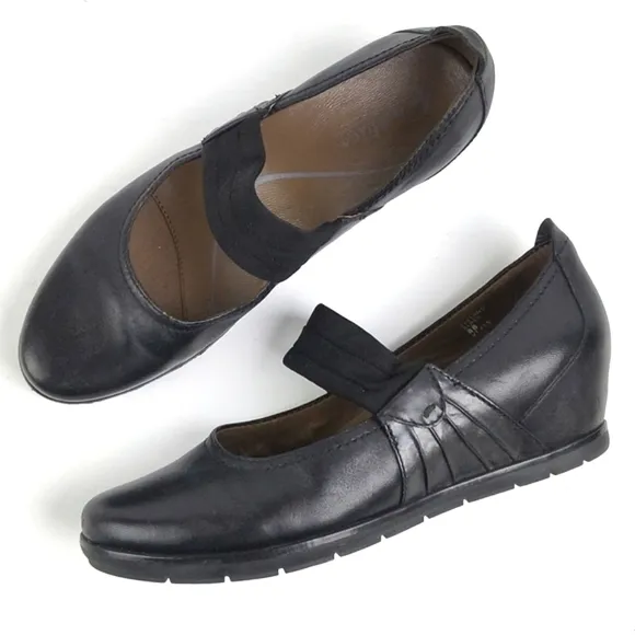 Earthies Zeeland Black Leather Slip-on Hidden Wedge Mary-Jane Comfort Sh…