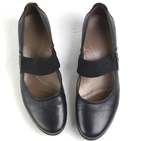 Earthies Zeeland Black Leather Slip-on Hidden Wedge Mary-Jane Comfort Sh…