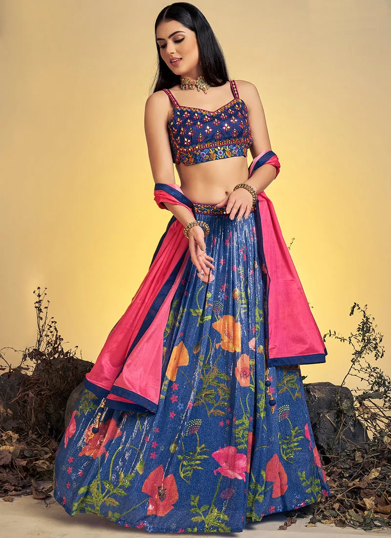 Electric Blue Multi Floral Embroidery Lehenga Choli